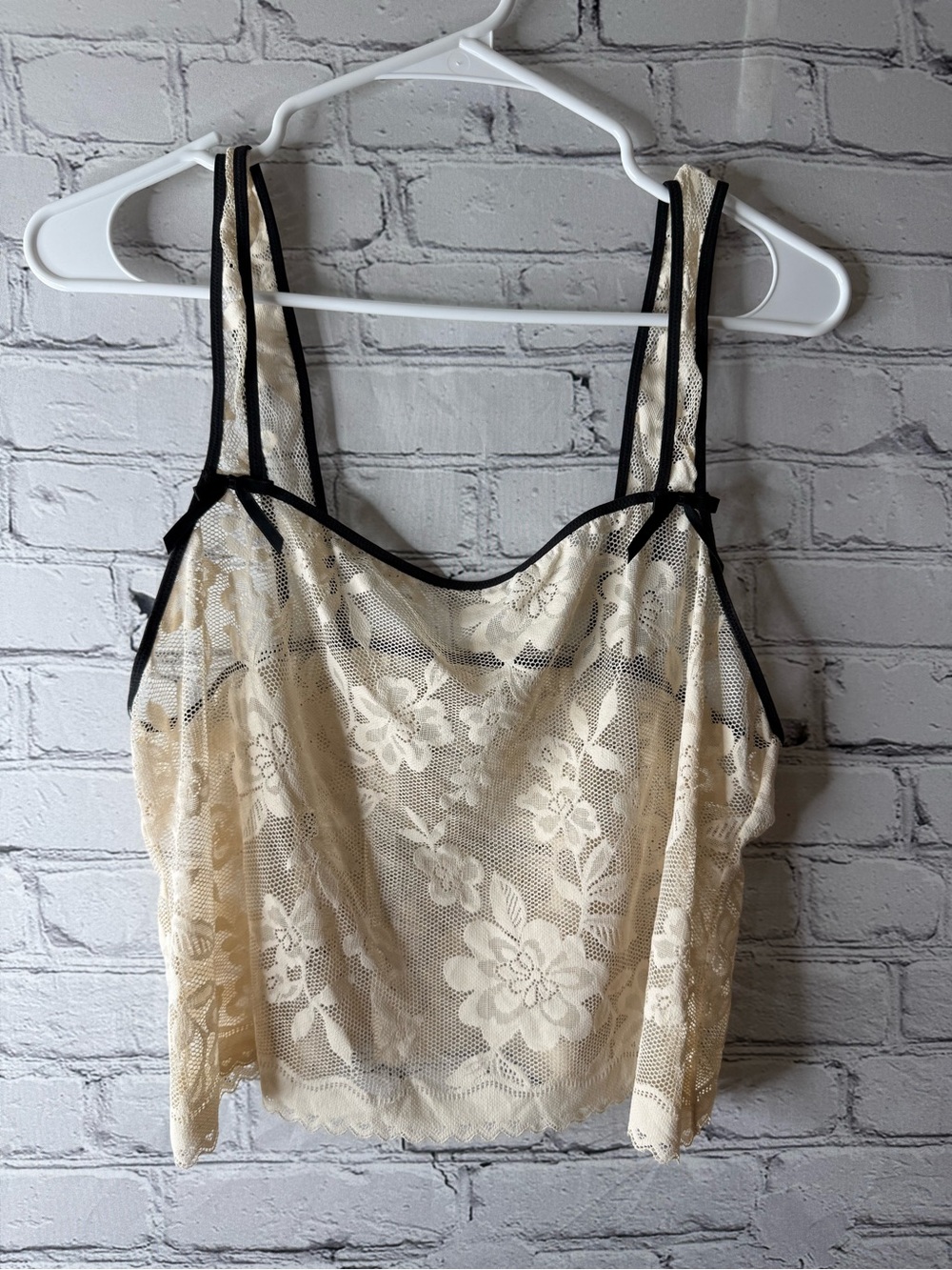 aerie Cream Lace Floral Cami with Black Trim